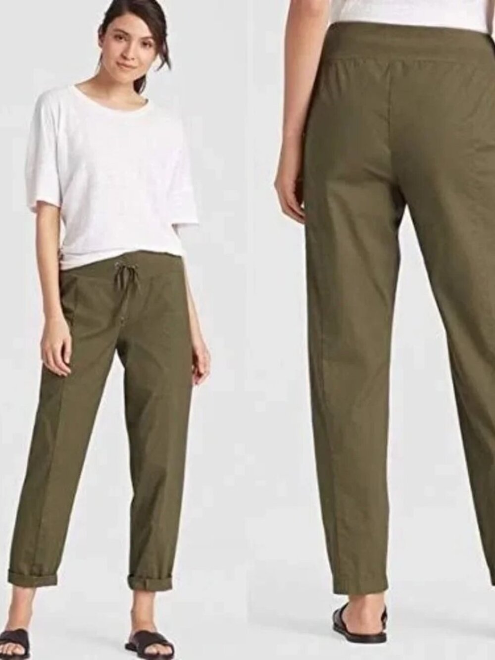 Eileen Fisher | Olive Green Drawstring Ribbed-Waist Organic Cotton Pants Medium